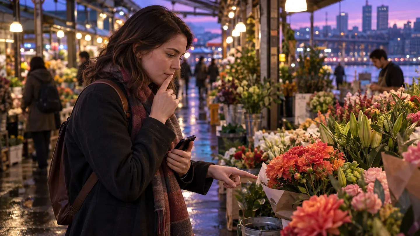 Vuxen elev på en blommarknad i skymningen som försöker återkalla ett japanskt ord innan mobilsvaret visas