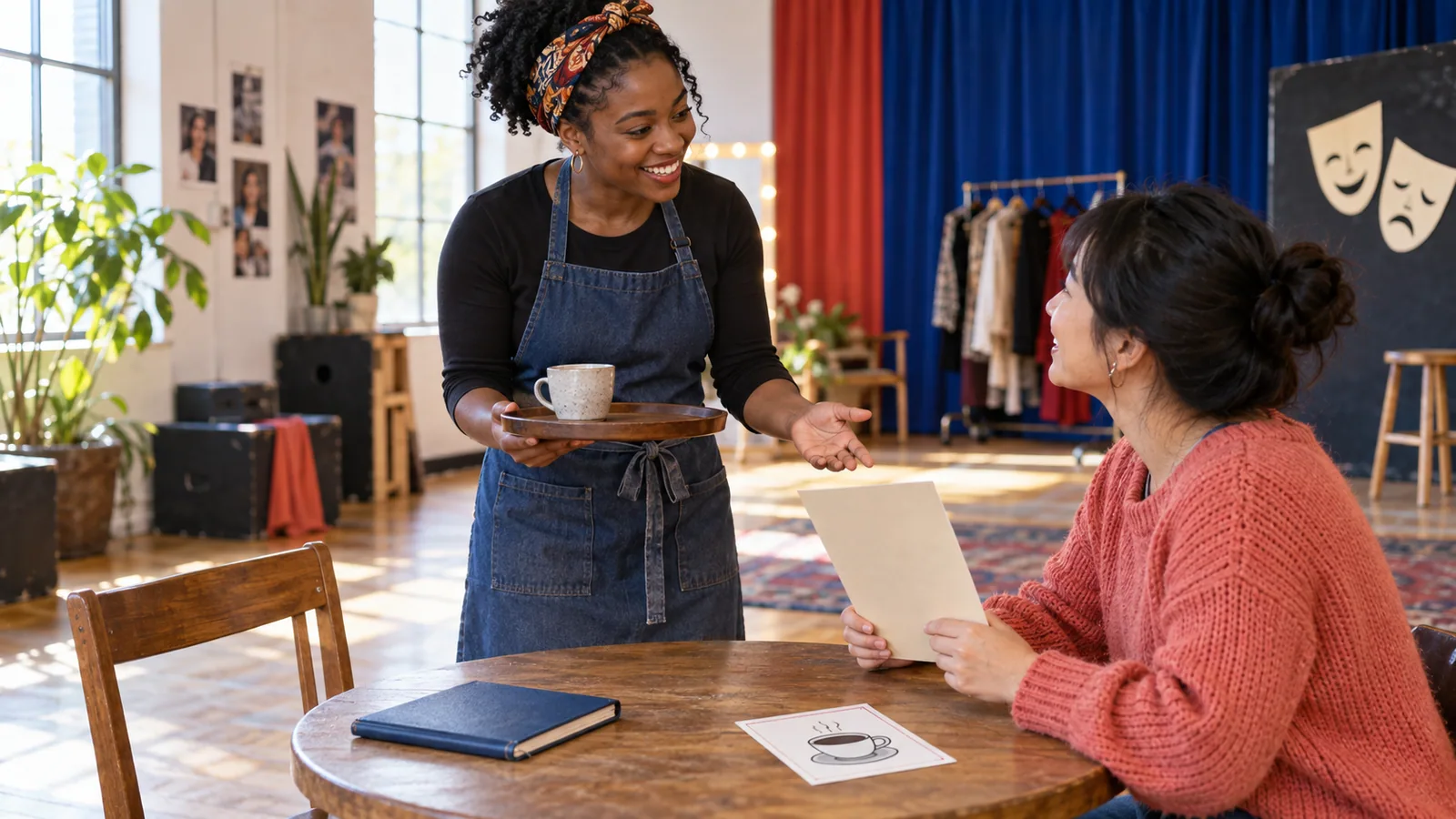Erwachsene Lernende üben in einem warm beleuchteten Gemeinschaftstheater spielerisch eine Bestellung im Café