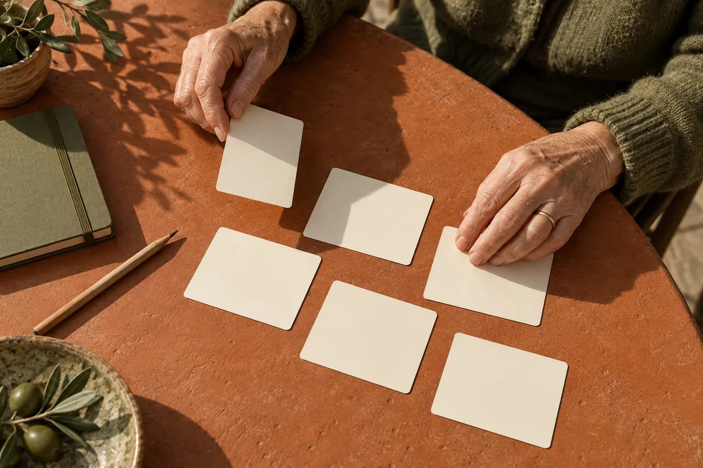Manos de una mujer mayor mezclan tarjetas de estudio sobre una mesa de terracota