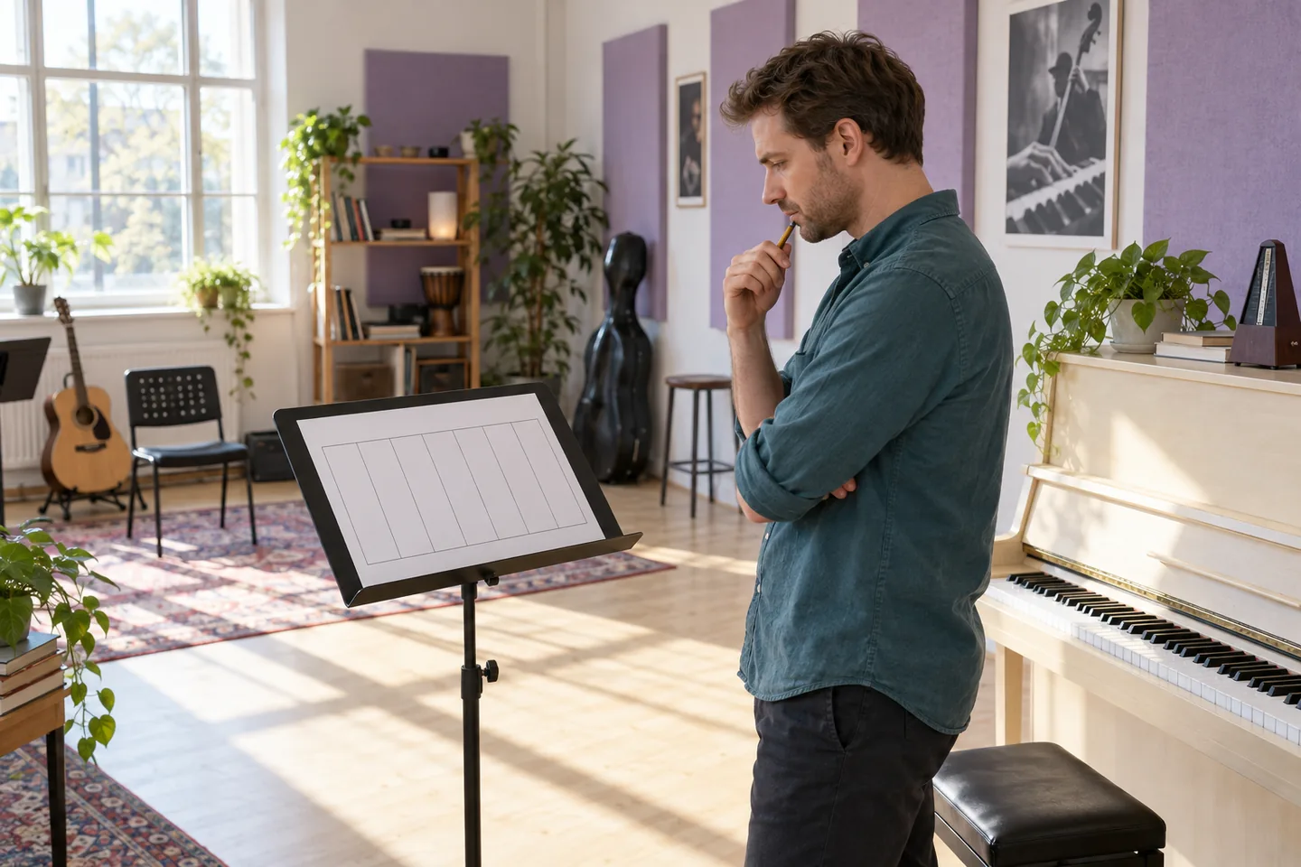 Hombre europeo consulta una agenda semanal en papel junto a un piano en un estudio luminoso
