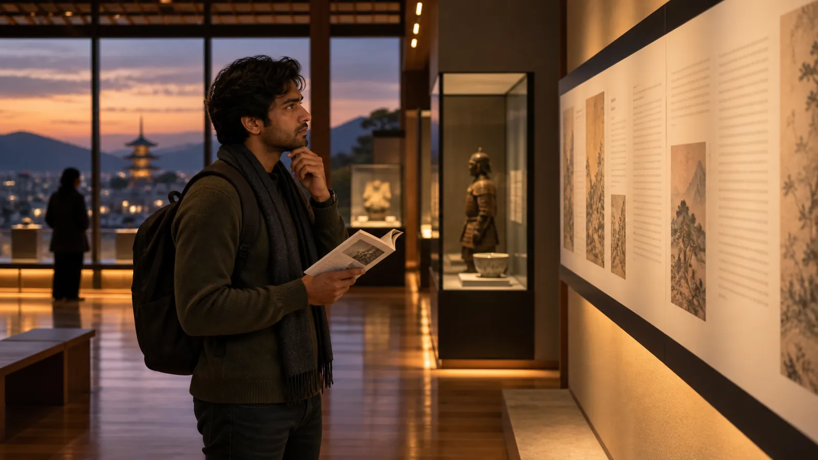 Adult learner considering a long exhibit description in a quiet Japanese museum at dusk while holding a reading booklet