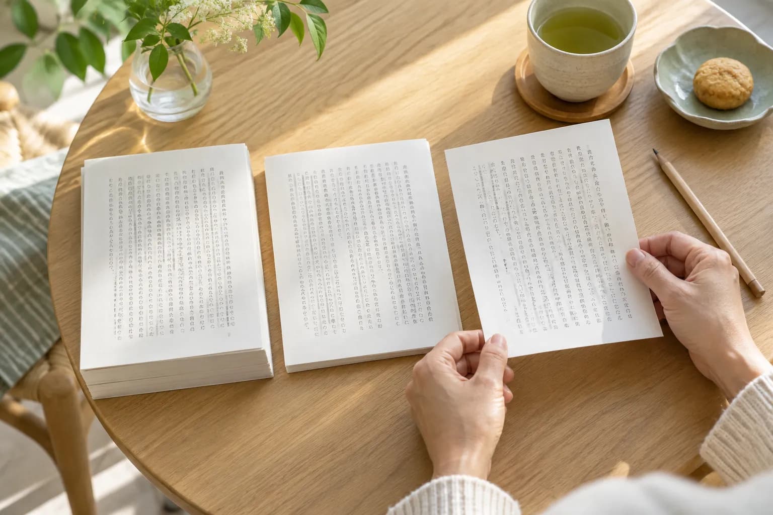 Hands selecting a manageable Japanese reading sheet from three different passage lengths on a morning kitchen table