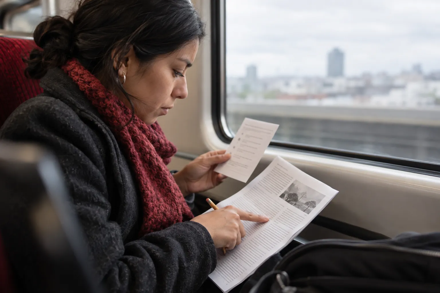 Adult commuter pointing to a middle paragraph of a Japanese passage while comparing it with a small question card
