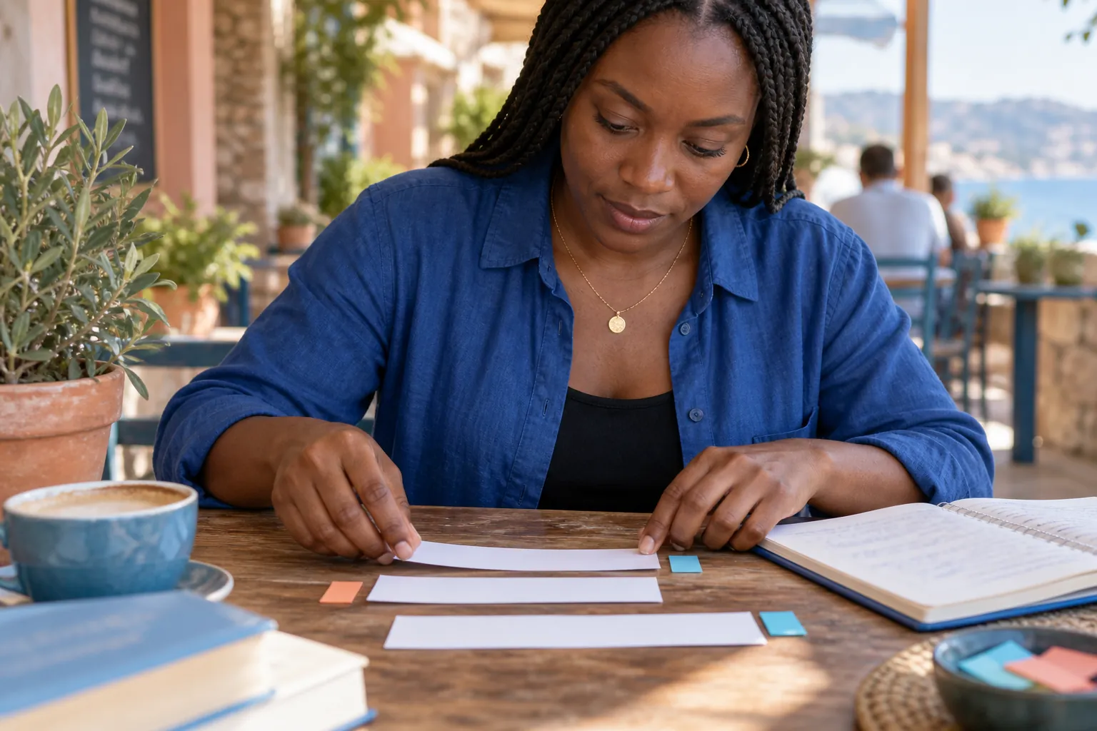 Adult learner arranging three blank paper strips and colored tabs at an outdoor café to map a passage's structure