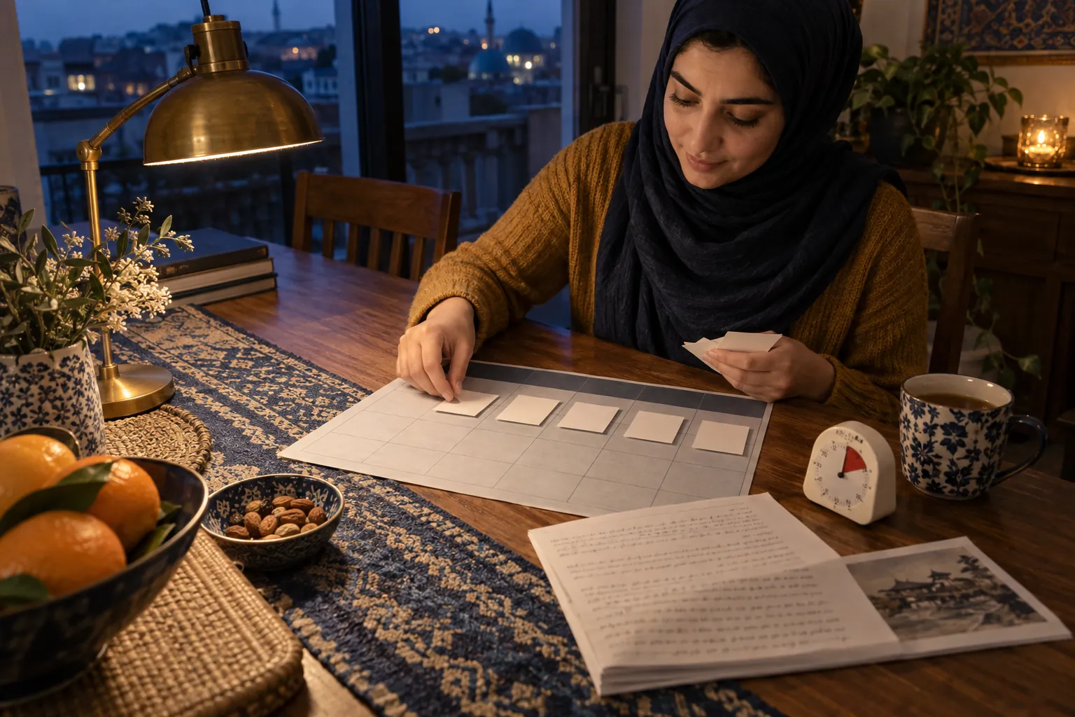 Adult learner arranging a week's reading cards beside a passage and timer at an evening dining table