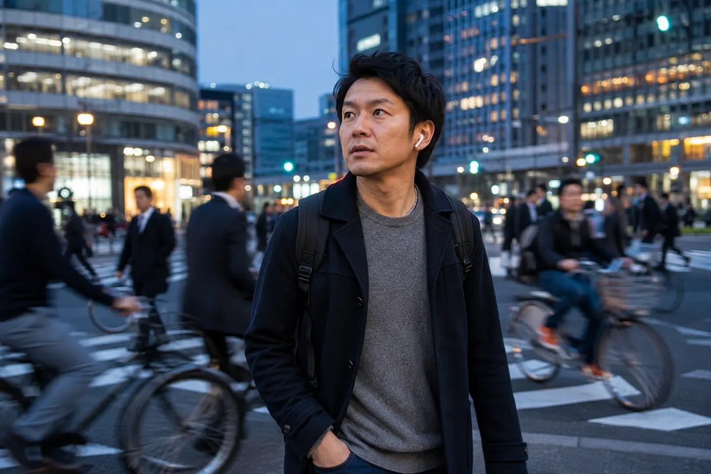 Pessoa adulta ouve japonês com fones em um cruzamento movimentado ao entardecer