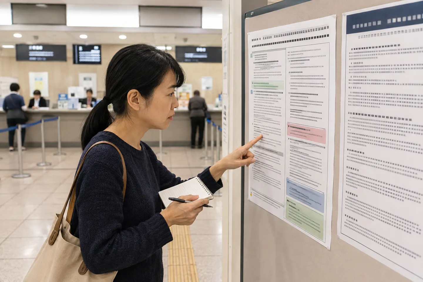Pessoa adulta lê um aviso prático detalhado em um painel público japonês