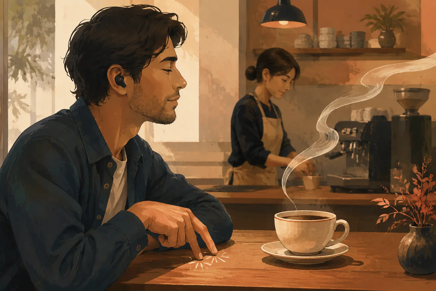 Estudiante adulta marca dos pulsos iguales junto a una taza de café mientras escucha una vocal larga en katakana