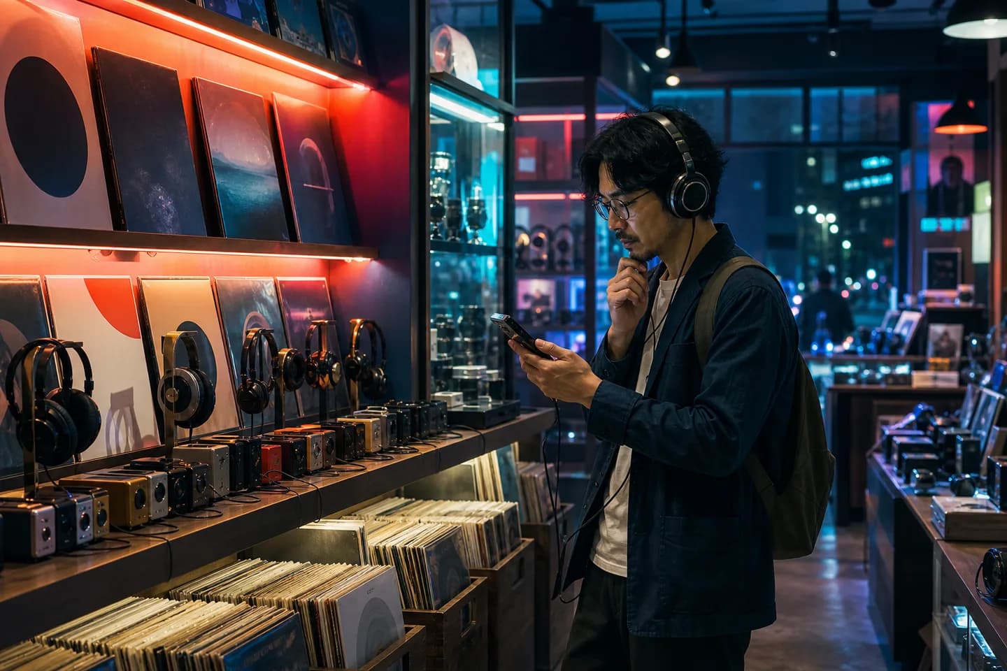Estudiante adulto escucha sonidos modernos de préstamos en katakana entre auriculares y aparatos en una tienda al anochecer
