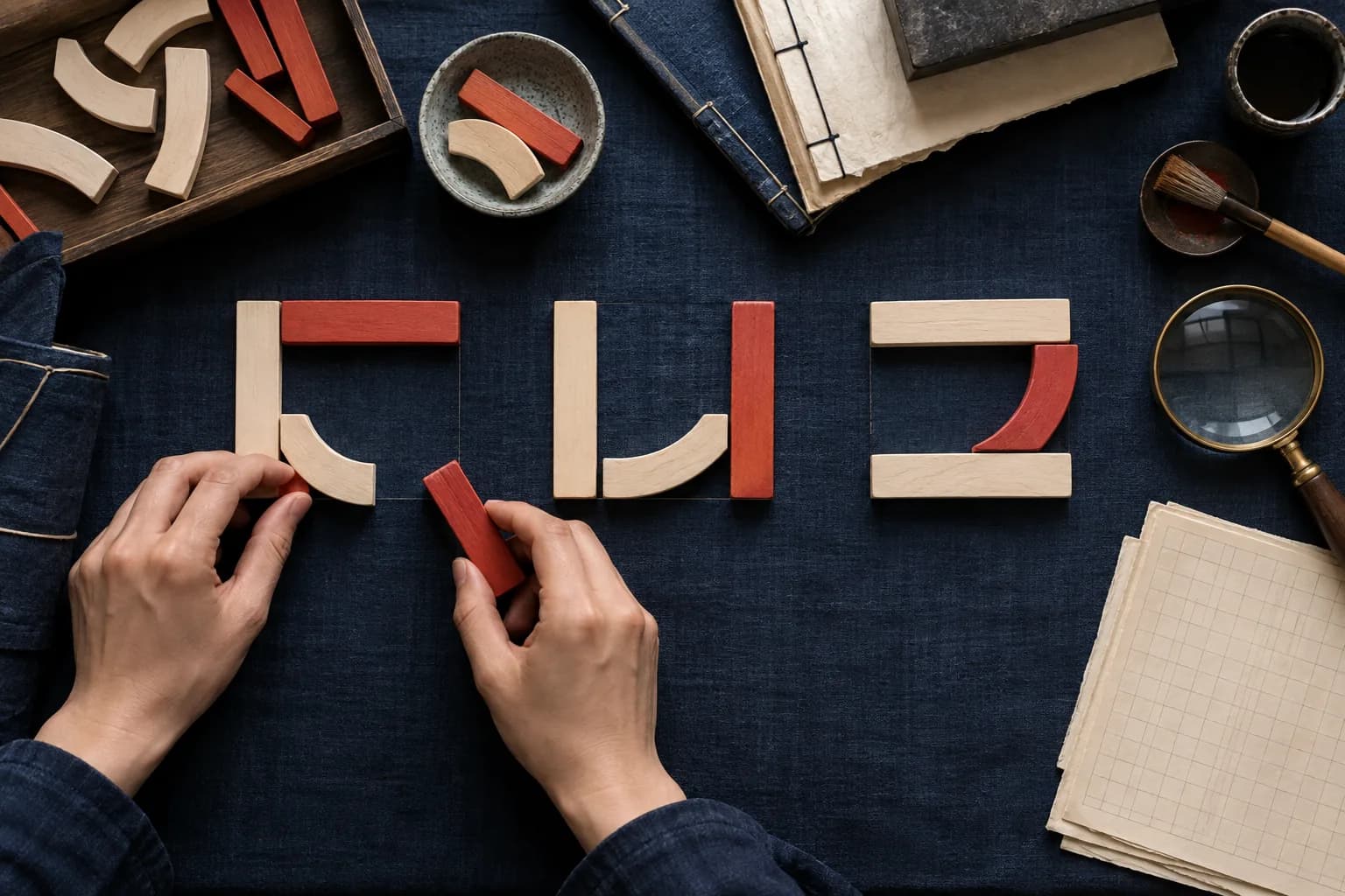 Hands arranging repeated cream and red wooden shapes into three different square structures on dark indigo fabric