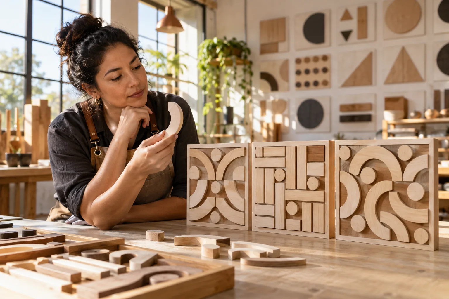 Adult learner comparing reusable wooden shapes across three complex panels in a bright pattern-design workshop