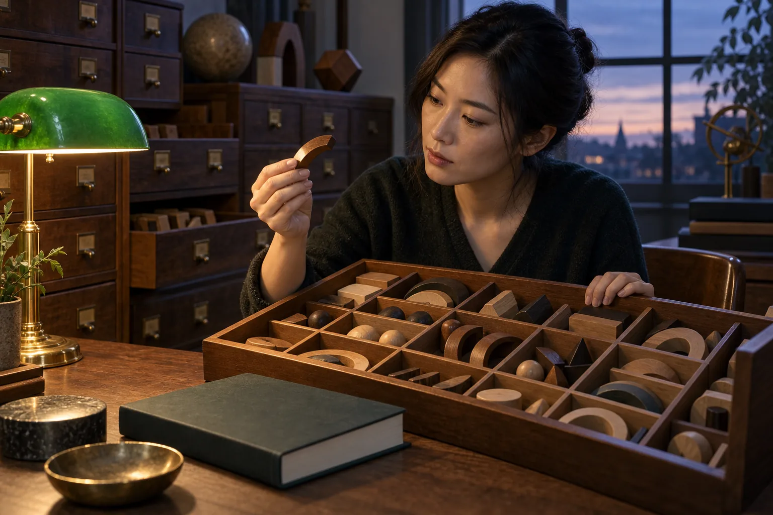 Adult woman comparing one curved wooden component with an organised archive tray of reusable geometric shapes at dusk