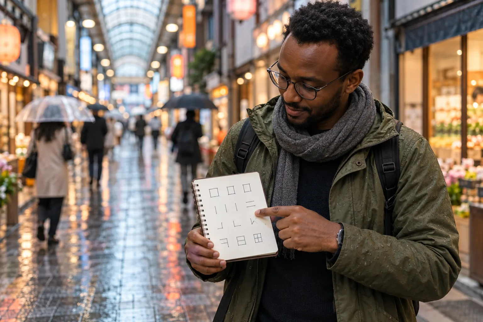 Adult learner in a rainy Japanese shopping arcade comparing recurring abstract line components in a small sketchbook