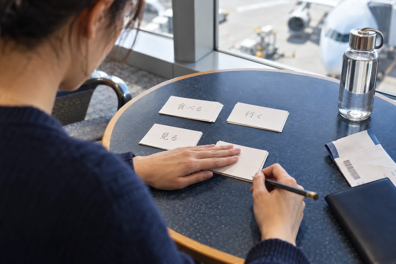 Traveller at an airport gate covers answer cards while writing a recalled Japanese phrase with a pencil