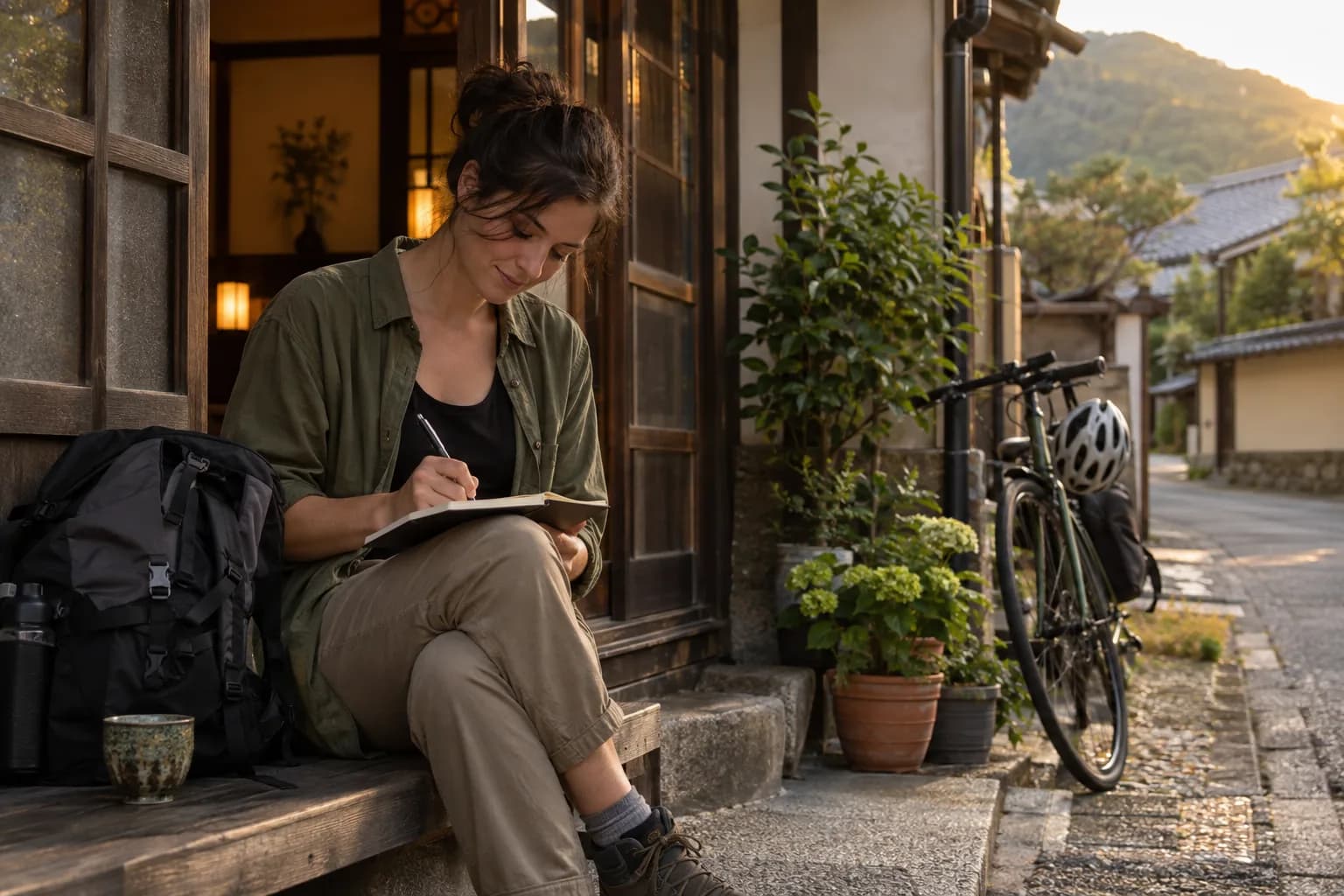 Adult learner writes a fresh Japanese sentence outside a small guesthouse after arriving