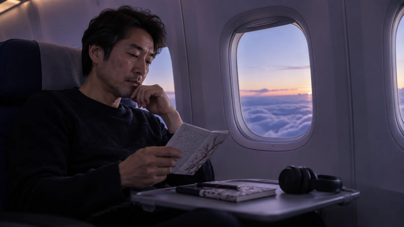 Adult learner by an airplane window reads a compact Japanese study sheet in a quiet cabin at dawn
