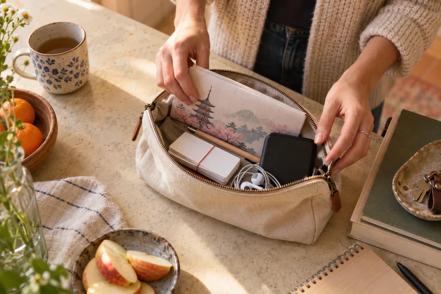 Hands pack a folded Japanese study sheet, index cards and headphones into a canvas pouch before travel