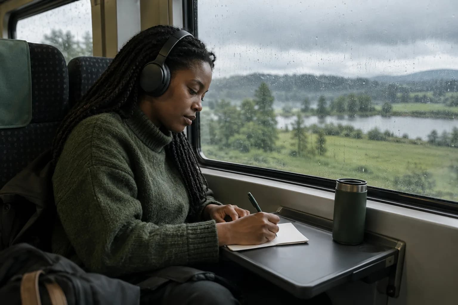 Adult learner on a rainy regional train listens with headphones and marks a paper sentence card
