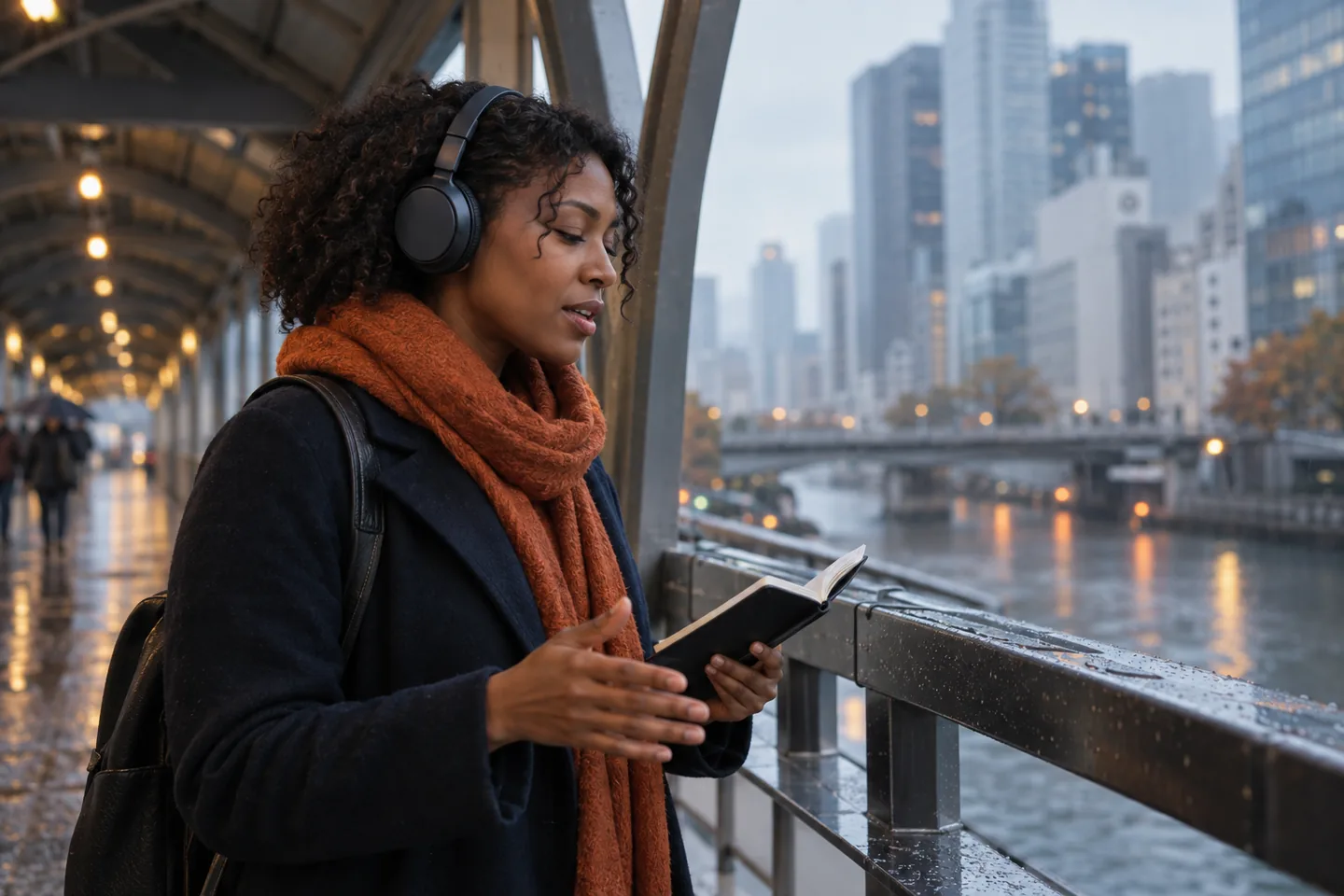 Learner listening closely beneath a covered city bridge and marking a small downward movement with her hand