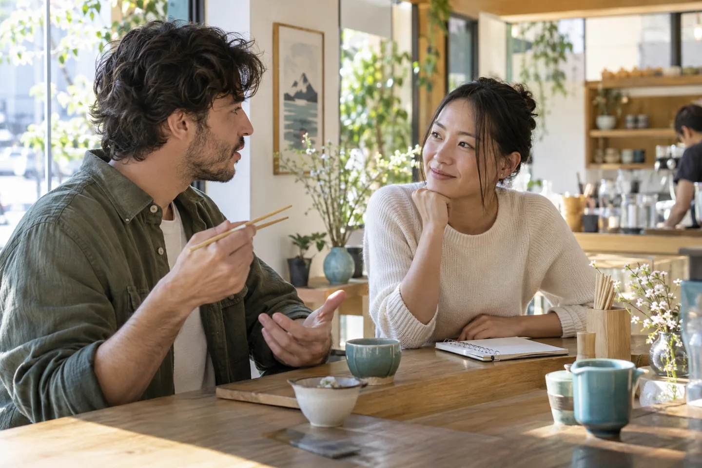 Two learners practising a short phrase at a community café counter, with one holding plain wooden chopsticks
