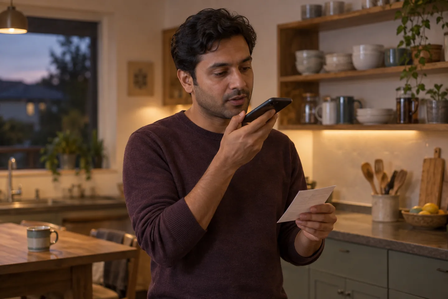 Learner making a brief voice recording in a quiet community kitchen while checking a compact paper note