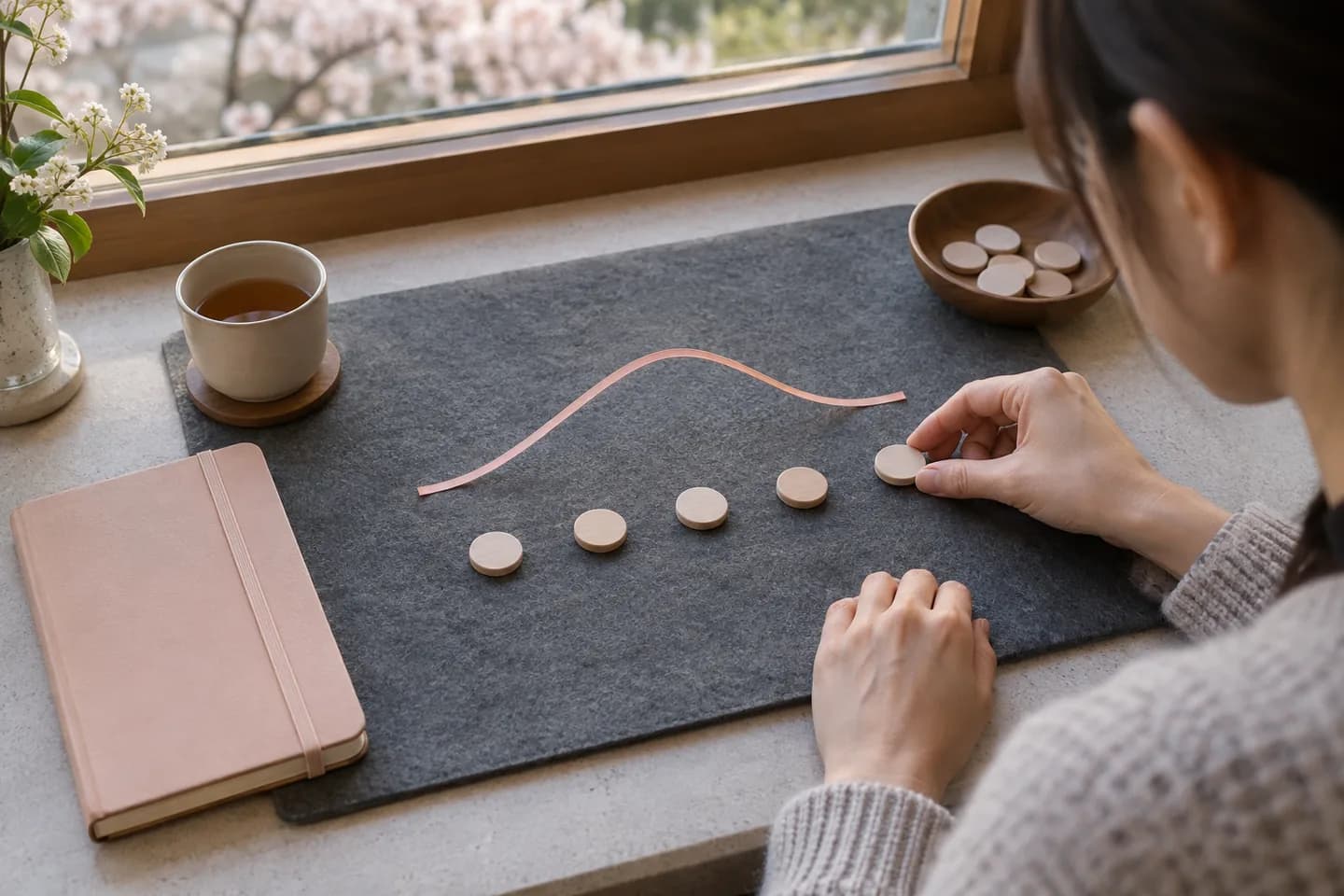 Hands arranging identical timing counters with a separate curved ribbon above them