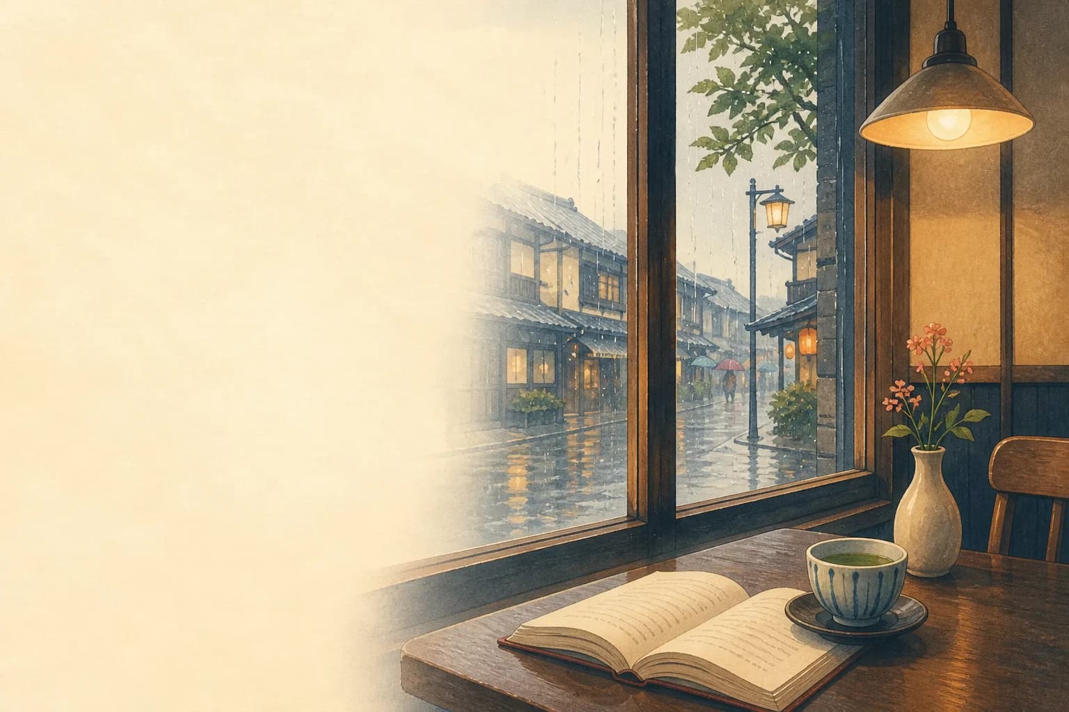 Un café japonés tranquilo en una tarde de lluvia, con un libro abierto y té