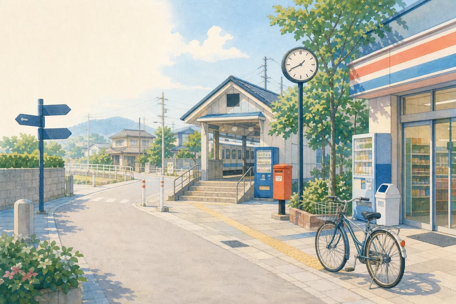En japansk hverdagsbydel med station, butik, cykel og vejskilte