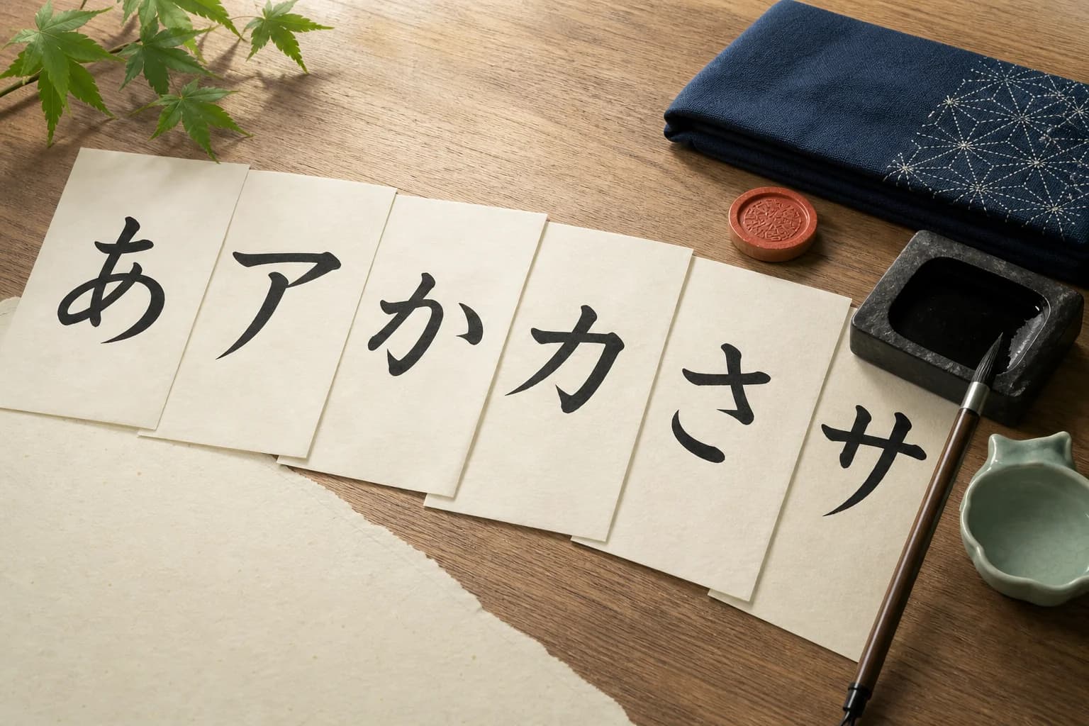 Japonský kaligrafický stůl s prvními cvičnými kartami hiragany a katakany