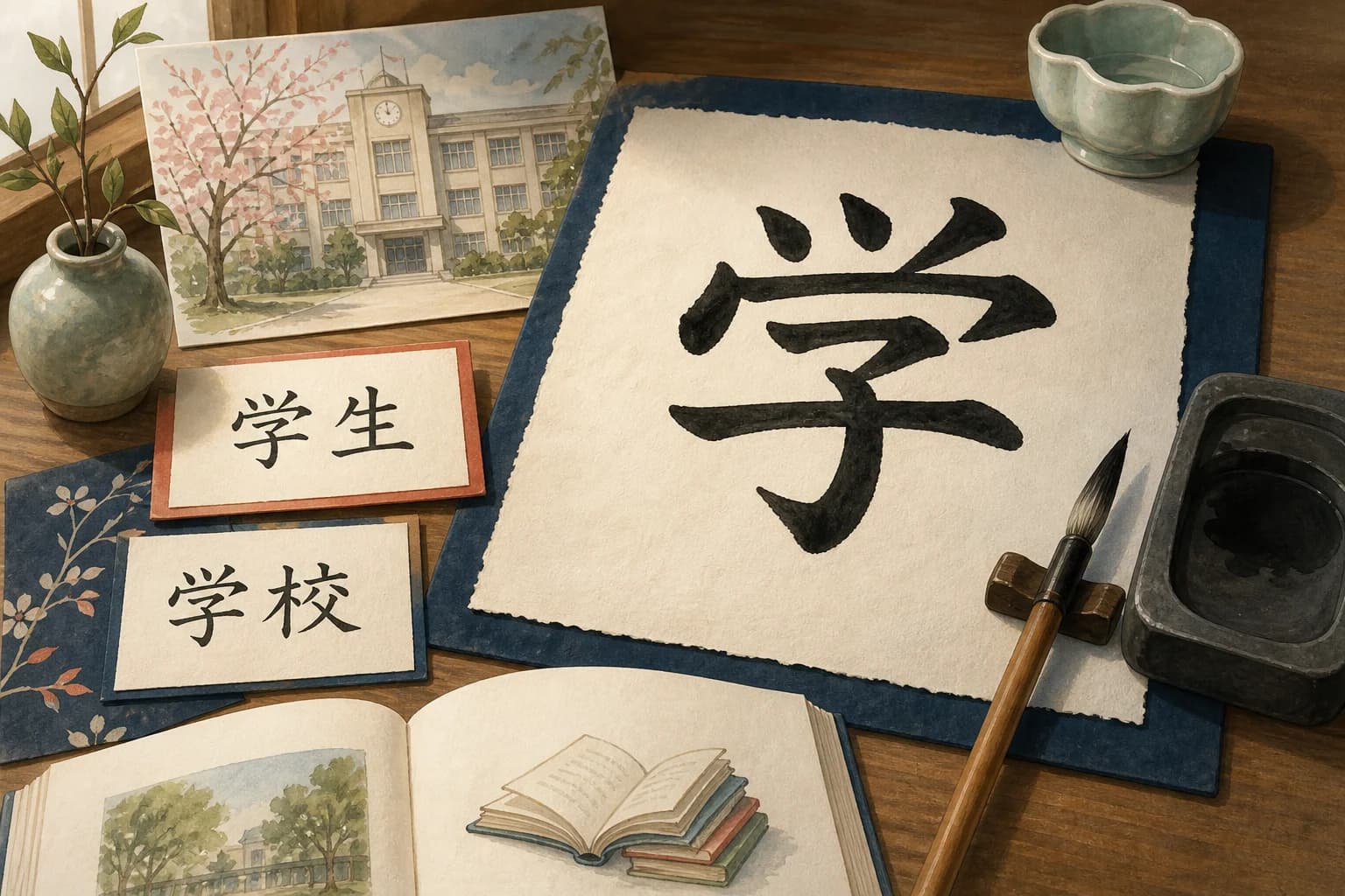 مكتب لدراسة الكانجي يربط الحرف 学 بكلمتَي طالب ومدرسة
